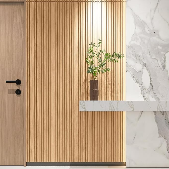 Art3d Slat Wood Wall Paneling for Interior and Ceiling Decoration - Pack of 4pcs + 1pc End-Trim, Size 108 x 5.7in.- Oak