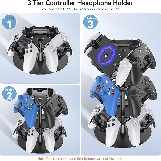 Kosker Headset Stand 3 Tiers for Desk, Rotatable Gaming Controller Stand for PS5/PS4/Xbox/Switch2/PS Portal/Phone, Universal PC Gamer Gift Accessory Controller/Headphone Holder for 9 Packs Controller