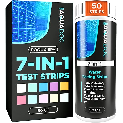 AquaDoc 7-in-1 Spa & Hot Tub Test Strips - 50 Pool Test Strips for pH, Chlorine, Hardness, Bromine, Cyanuric Acid, Alkalinity