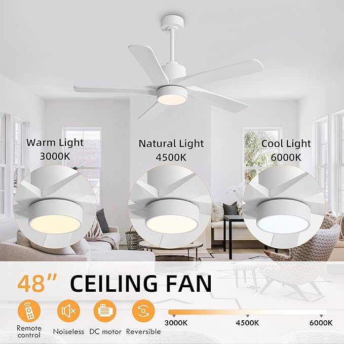 WINGBO 48 Inch DC Ceiling Fan with Lights and Remote Control, 5 Carved Solid Wood Blades, 6-Speed Noiseless Reversible DC Motor, Indoor Ceiling Fan in Gloss White Finish with White Blades