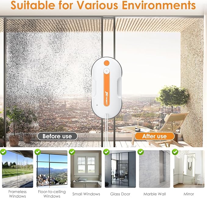 JSDROBOT Lite Window Cleaning Robot,5300Pa Window Cleaner Robot with Pressured Wiping Dual Water Spray Close to The Border Wipe Edge Detection Intelligent Path Plan