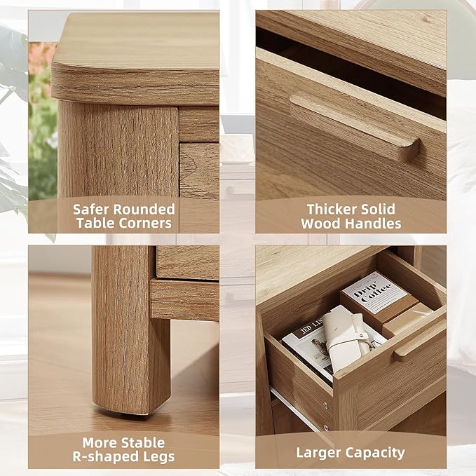 Joaxswe Farmhouse Nightstand Set of 2 with Charging Station, End Tables Bedroom with 2 Large Drawers & 4 Thickened Table Legs, Dark Wood