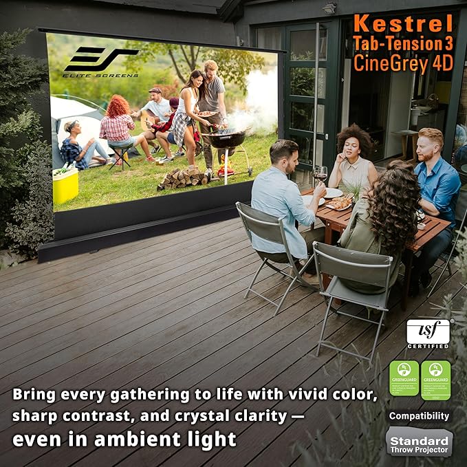 Elite Screens Kestrel Tab-Tension Pro CineGrey 4D, 135" Diag., 16:9 Aspect Ratio, ISF Certified 4K/8K Ultra HD Electric Floor-Rising Motorized Tab-Tensioned Front Projector Screen, FTE135H3-C4D