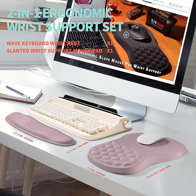 KUOSGM 2-in-1 Ergonomic Set, Wave Rise Keyboard Wrist Rest and Massage Bulge Slope Mouse Pad Wrist Support, Cushion Memory Foam Integrated to Relieve Wrist Pain, Purple