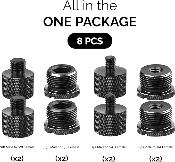 IXTECH Mic Stand Adapter Set - 8 Piece Metal Mic Stand Adapter Kit - 3/8 to 5/8 & 1/4 to 5/8 Female to Male Thread Adapter - Boom Arm Adapter (2)
