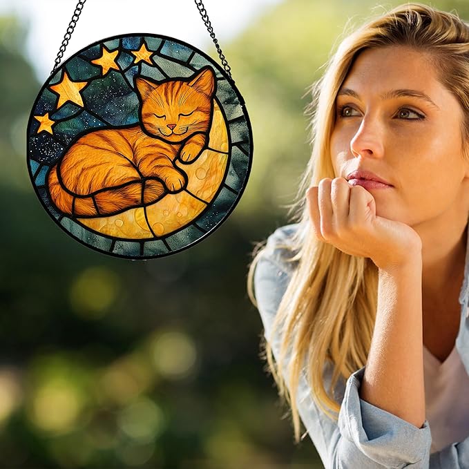 AMDERVEN Stained Glass Window Hanging - Orange Cat Sun Catcher for Door Home Decor Stars and Moon Suncatcher Christmas Mother's Day Birthday Loss of a Pet Gifts for Women Men Mom Nana 9.8 in