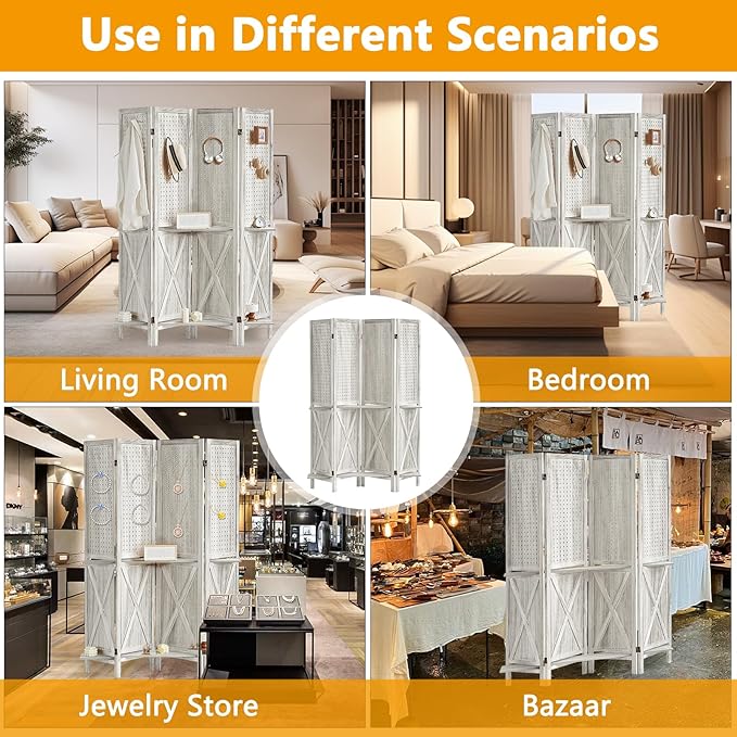 Aleesing 4 Panel Pegboard Display with 16 Hooks, Wooden Pegboard Room Divider Wall with Shelf, Partition Room Dividers and Folding Privacy Screens, Bedroom, Jewelry Store, White