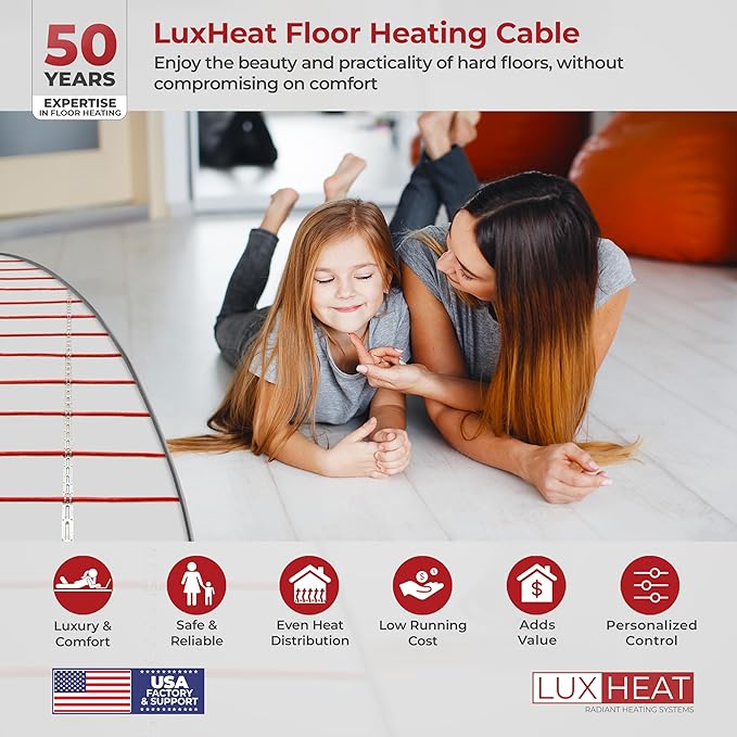 LuxHeat 160sqft Floor Heating Cable Kit - 240v Under Tile Floor Heater Kit - Heated Flooring System Includes UDG4 Programmable Thermostat w/GFCI, Heating Cable, Strapping, Flooring Sensor & Alarm