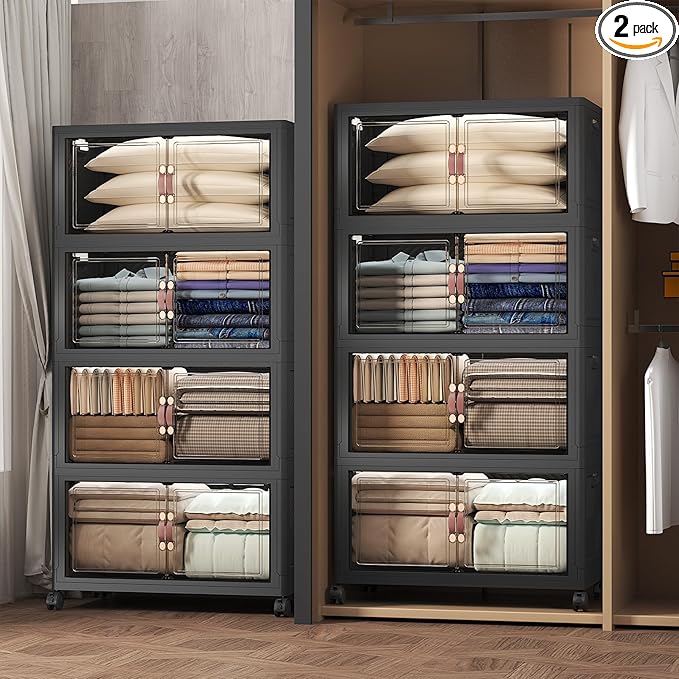 Extra Large Stackable Storage Bins with Lids & Wheels, 1344QT-168QT/42GAL*8Pack Foldable Collapsible Closet Organizers Dark Storage Cabinet with Doors for Bedroom Dorm
