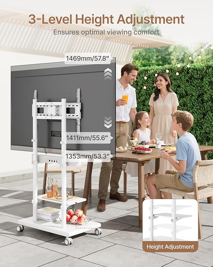 ECOTINY Steel Base Rolling TV Stand with Soundbar Mount for 37-75 inch TVs up to 154lbs, Swivel&Tilt Mobile TV Stand with Large Storage, Height Adjustable Heavy-Duty TV Cart, Max VESA 600x400mm, White