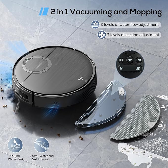 UMMUND Robot Vacuum and Mop Combo, 2 in 1 Mopping Robotic Vacuum Cleaner with Schedule, Wi-Fi/App/Remote, Strong Suction, Self-Charging, Slim, Ideal for Hard Floor, Pet Hair, Low-Pile Carpet