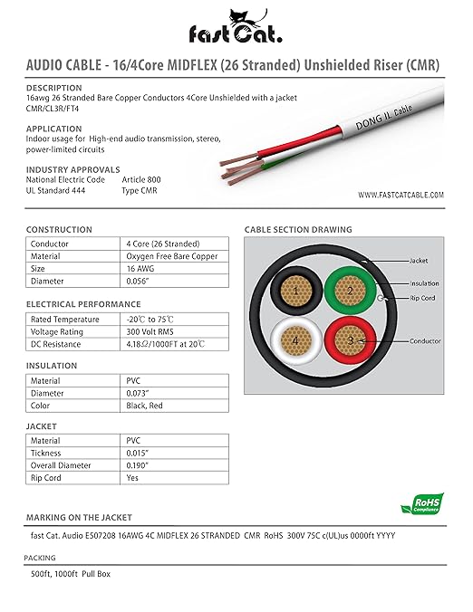 fast Cat. Audio Cable/Speaker Wire - PVC Jacket - UL Listed & (CMR-CL3R-FT4) Rated in-Wall Use - 100% Oxygen-Free Pure Bare Copper (OFC) - 500ft Pull Box (16AWG 4C (65) Highflex, Blue)