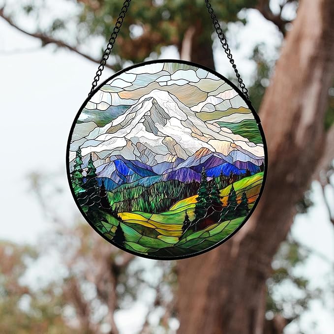 DASTOLL Stained Glass Window Hanging 4 Pcs Set Mountains Lake Green White Landscape Large 15" - Suncatcher Door Garden Sun Catcher Decor Birthday Christmas for Mom Woman Nana Men