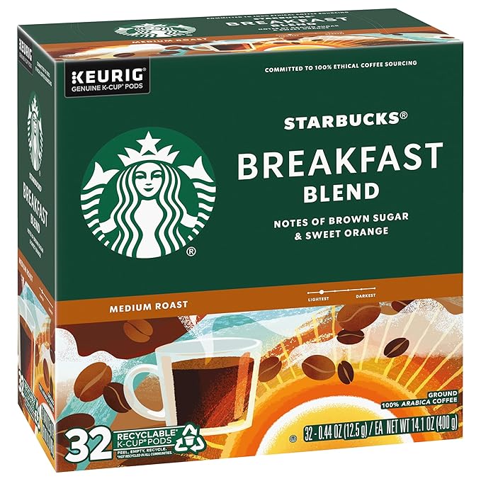 Starbucks Coffee K-Cup Pods, Breakfast Blend, Medium Roast Coffee, Notes of Brown Sugar & Sweet Orange, Keurig Genuine K-Cup Pods, 32 CT K-Cups/Box (32 Count (Pack of 2))