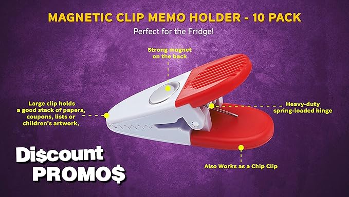 10 Magnetic Memo Holders Set - Customizable Text, Logo - Large Clip, Plastic - White Red