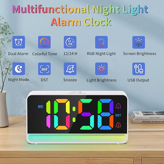 Alarm Clocks for Bedrooms, Digital Bedside Clock with RGB Night Light, Adjustable Volume for Heavy Sleepers, USB Charger, Large Display, Modern Decor for Desk, Dimmable Alarm Clock for Kids(Colorful)