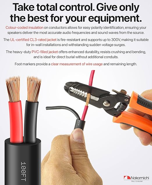 Nakamichi 14/2 (100-Foot) in-Wall & Direct Burial (UL CL2 CL3 Rated) Oxygen-Free Copper (OFC) 2-Conductor Speaker Cable Wire, Outdoor In-Ground, in-Ceiling, Riser, Black (14AWG / 100ft / 30.48m)