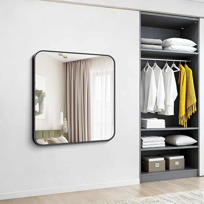Black Bathroom Mirror, 38x40 inch Aluminum Metal Frame Rectangular Vanity Mirror, Large Wall Mounted Rectangle Mirrors with Rounded Corner for Over Sink Bedroom Living Room Horizontal/Vertical
