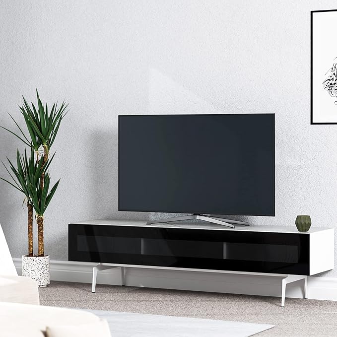 SONOROUS ST-360 Premium TV Stand for Living Room – Modern TV Stands & Entertainment Center with Storage – White Wood & Black Glass Cover – Luxury Media Console with Metal Legs for TVs up to 75 inches