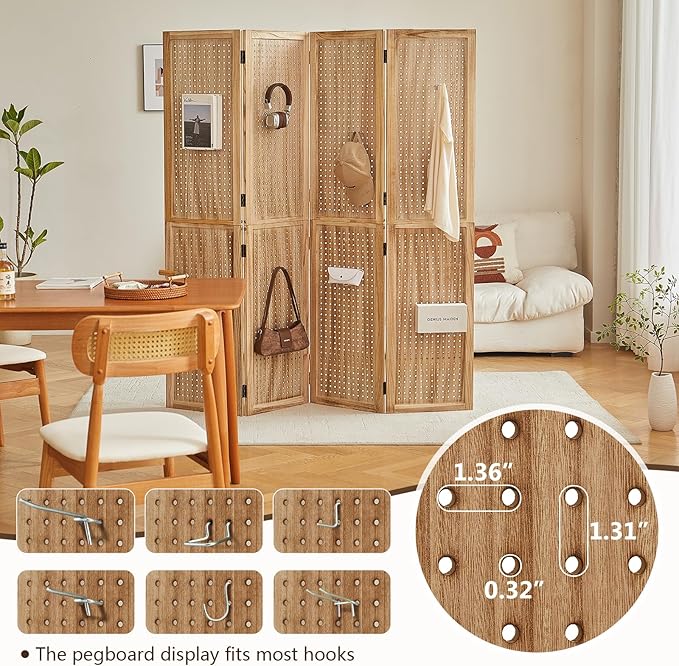 Leesinwing 4 Panel Wooden Room Dividers, 5.6FT High Plug-in Folding Screen Made of Natural Wood, Pegboard Display for Bedroom and Shopping Malls and Jewelry Stores, Light Brown