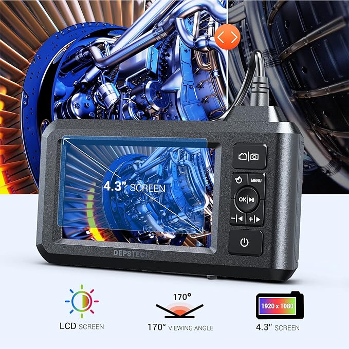 DEPSTECH Dual Lens Industrial Endoscope, 1080P Digital Borescope Inspection Camera, 7.9mm IP67 Waterproof Sewer Camera with 4.3" LCD Screen, 7 LED Lights, 16.5FT Semi-Rigid Cable, 32GB Card-Black