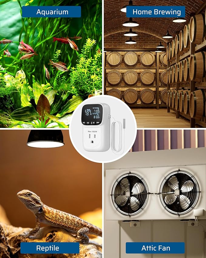 DEWENWILS Digital Temperature Controller, 2 Pack15A/1800W Thermostat Outlet Plug, VA Display Heating Cooling Control Timer, -40℉~210℉, Cyclic Timing/Countdown, for Greenhouse Incubator Homebrew