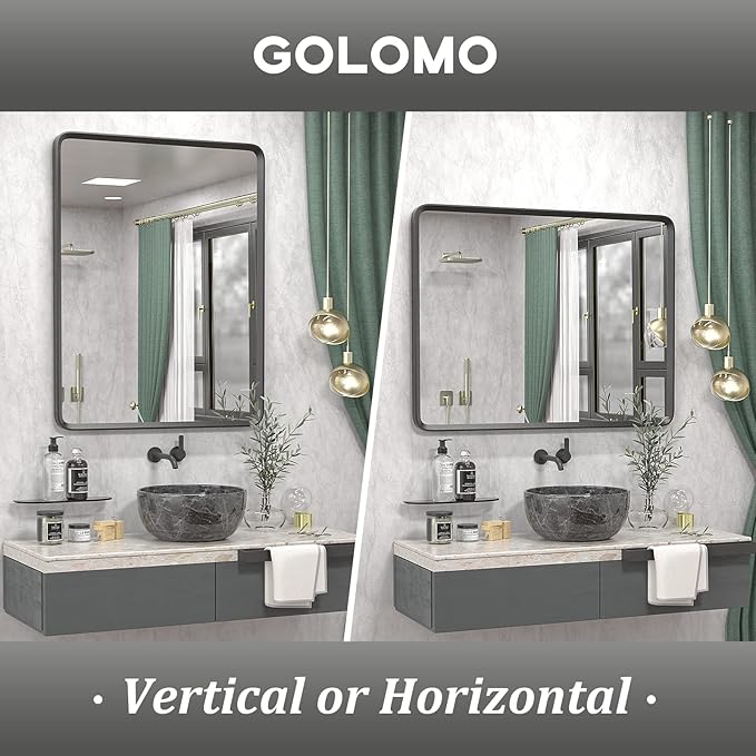 28x36 Black Bathroom Mirror for Wall, Matte Black Metal Framed Bathroom Vanity Mirror, Rounded Corner Mirror for Farmhouse, Anti-Rust, Shatterproof (Horizontal/Vertical)