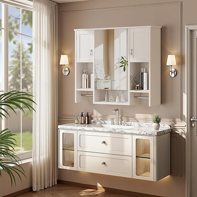 VECELO Bathroom Wall Cabinet with Mirror, Wall Mounted Medicine Cabinet with Open Shelves, 2 Towels Bars for Bathroom Laundry Room Kitchen