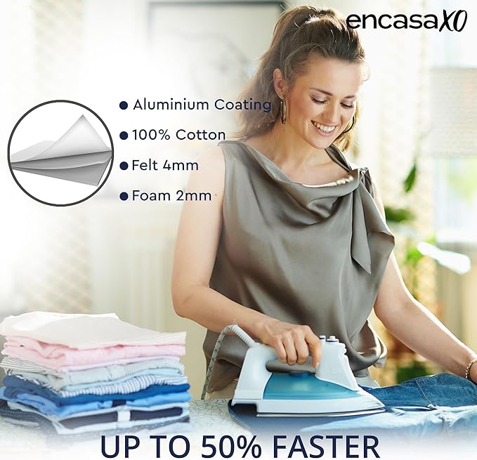 Encasa XO Ironing Board Cover and Pad 49"x18" - 4mm Felt & 2mm Foam Metallized Silver Iron Board Cover with Padding - Heat & Scorch Resistant, Non Slip, Bungee Elasticated, 3 Fasteners Silver Luxury