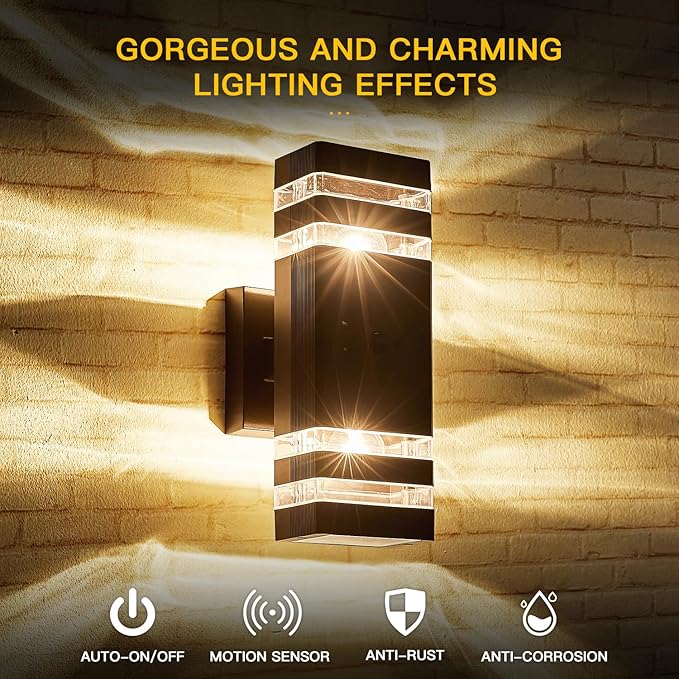 2 Pack Oil Rubbed Bronze Outdoor Wall Lights with 3-Mode Motion Sensor Up Down Porch Lights Modern Dusk Dawn Exterior Sconce Wall Mount Outside Coach Lantern for House(With 4 Dimmable Warm Bulbs)