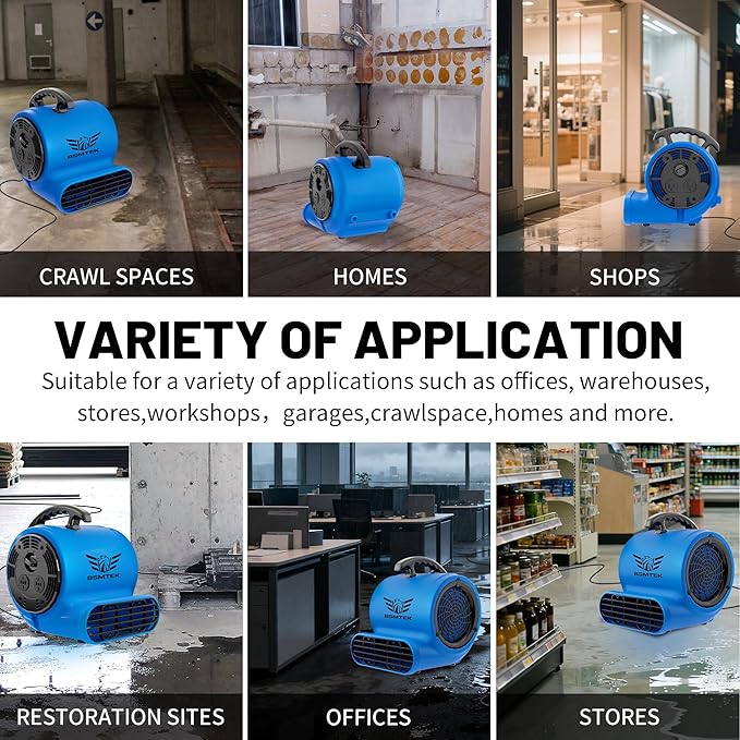BSMTEK Air Mover Blower Fan, Industrial 1/2HP 2500CFM Monster Floor Blower Carpet Dryers - 3 Speeds, 4 Adjustable Angles, 15FT Long Cord, Stackable - 2026 Upgraded