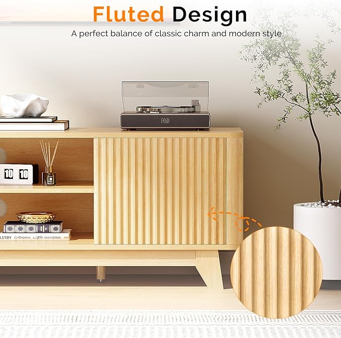 VINGLI 58.6" TV Stand for 70 Inch TV, Mid Century Entertainment Center with Fluted Sliding Doors and Open Storage, Elegant Media Console for Living Room, Oak