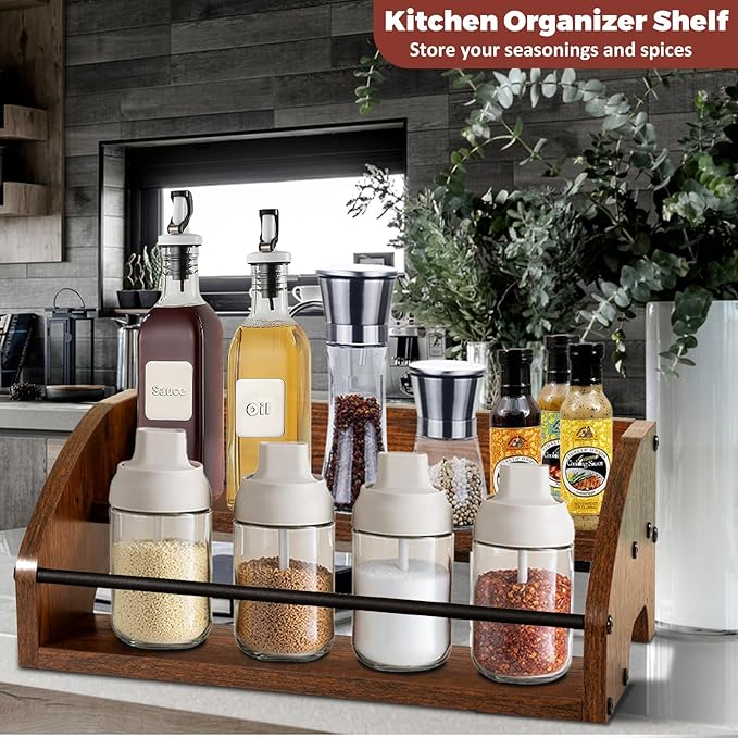 Rustic Wooden Countertop Organizer Brown - Liquor Bottle Display Shelf, Coffee Syrup Rack, Mini bar, Liquor Cabinet, Home Retro Bar Shelf Stand for Liquor Whiskey, Spirits