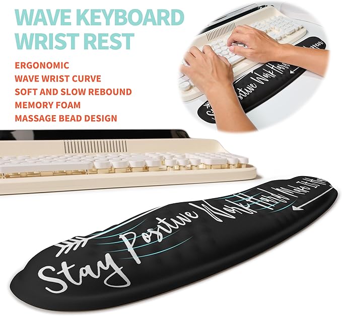 KUOSGM 2-in-1 Ergonomic Set, Wave Rise Keyboard Wrist Rest and Massage Bulge Slope Mouse Pad Wrist Support, Cushion Memory Foam Integrated to Relieve Wrist Pain, Stay Positive