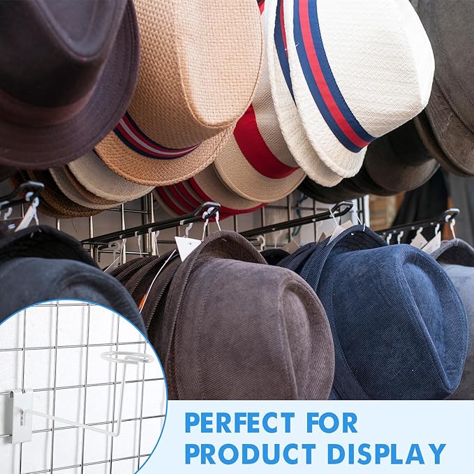 Blulu 6 Pcs Hat Displayer for Gridwall, Metal Hat Helmet Rack Retail Store Display Shelves Organizer Cap Rack Wall Fixtures Gridwall Hooks Accessories for Craft Show Garage (White)