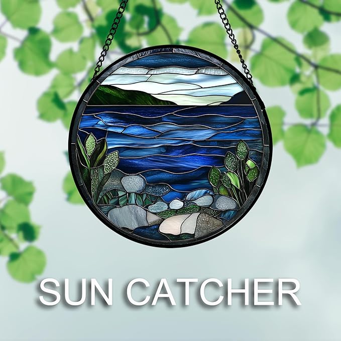 AMDERVEN Stained Glass Window Hanging 4 Pcs Set Navy Blue Ocean Landscape Large 11.8" - Suncatcher Door Garden Sun Catcher Decor Birthday Mother's Day for Mom Woman Nana Girl Boy Friend