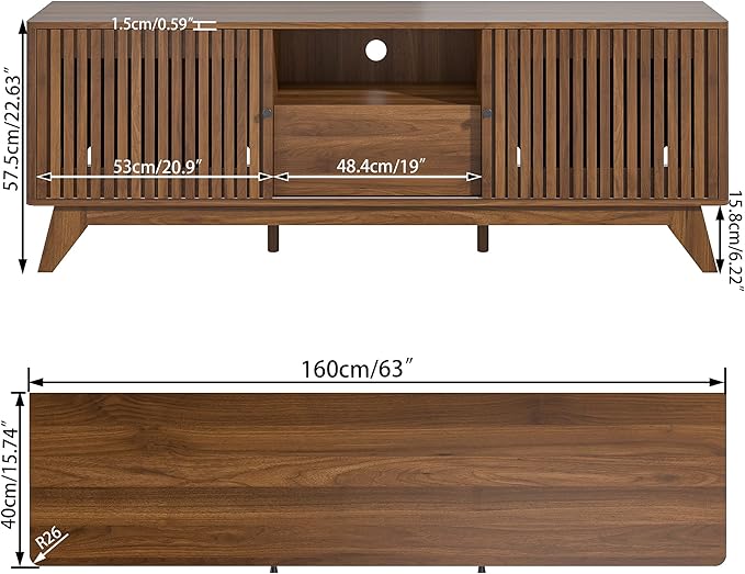 Oubayajia Mid Century Modern TV Stand for Televisions up to 70 Inches, with Sliding Doors and Storage, Curved Edge Television Stands, TV Consoles, Media Consoles for Living Room (Walnut, 63inch)