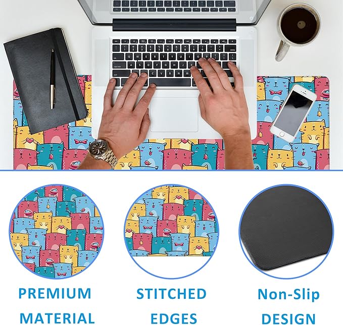 EOBKLAX Kawaii Colorful Cats Desk Mat,Large Gaming Mouse Pad,Non-Slip Rubber Base Desk Pad with Stitched Edges for Desk Office Home Decor 35.4X15.7 Inch