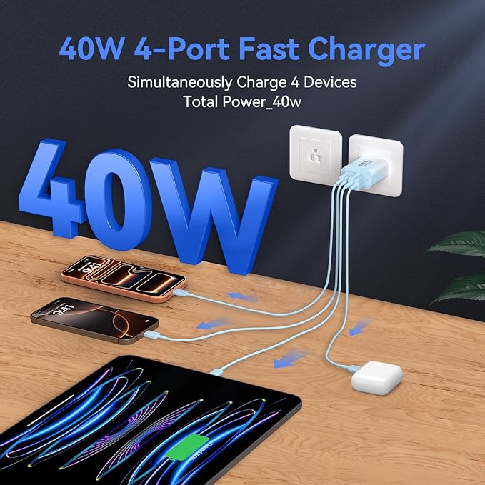 USB C Wall Fast Charger Block, 40W 4-Port Type C Chargers Fast Charging Blocks for Phone 17/16/15/14/13/12 Pro Max, Pad, Galaxy S24/23-2Pack Gradient Blue