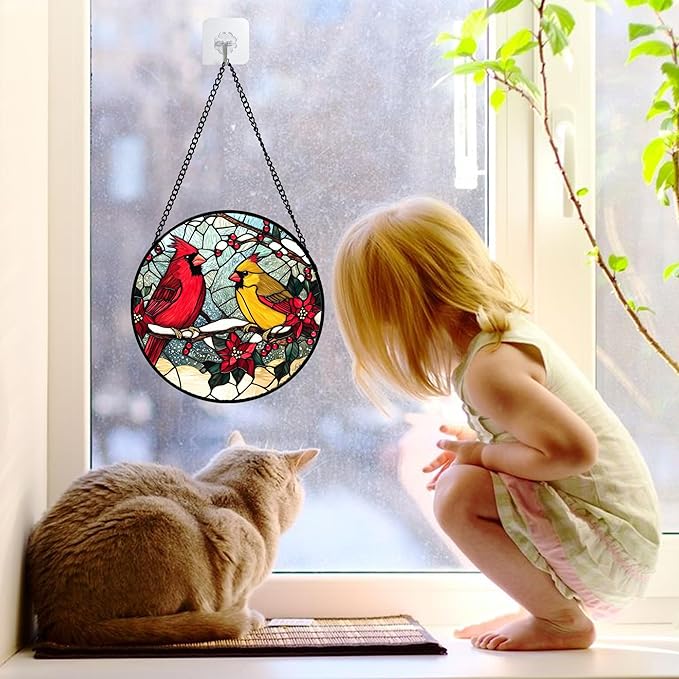 DASTOLL Stained Glass Window Hanging, Love Birds Cardinals Sun Catchers Colorful Glass Panel Birds Suncatcher Decor for Birthday for Women, Men, Wife, Lovers, and Mom 6.3 in