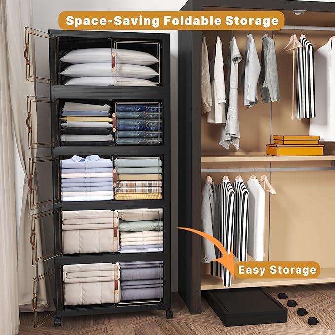 Extra Large Stackable Storage Bins with Lids & Wheels, 275QT-55QT/14GAL*5Pack Foldable Collapsible Closet Organizers Dark Storage Cabinet with Doors for Bedroom Dorm