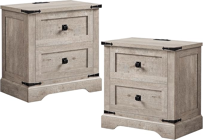 T4TREAM 24" Farmhouse Nightstand with Charging Station Set of 2, Large End Table with 2 Storage Drawers, Rustic Wood Sofa Bedside Table for Bedroom, Light Rustic Oak