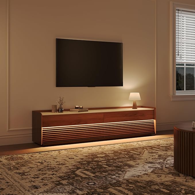 POVISON Fully-Assembled Mid Century Matte Sintered Stone TV Stand, 78.74" Wood Media Console with Adjustable LED Light, Entertainment Center with Storage for Living Room