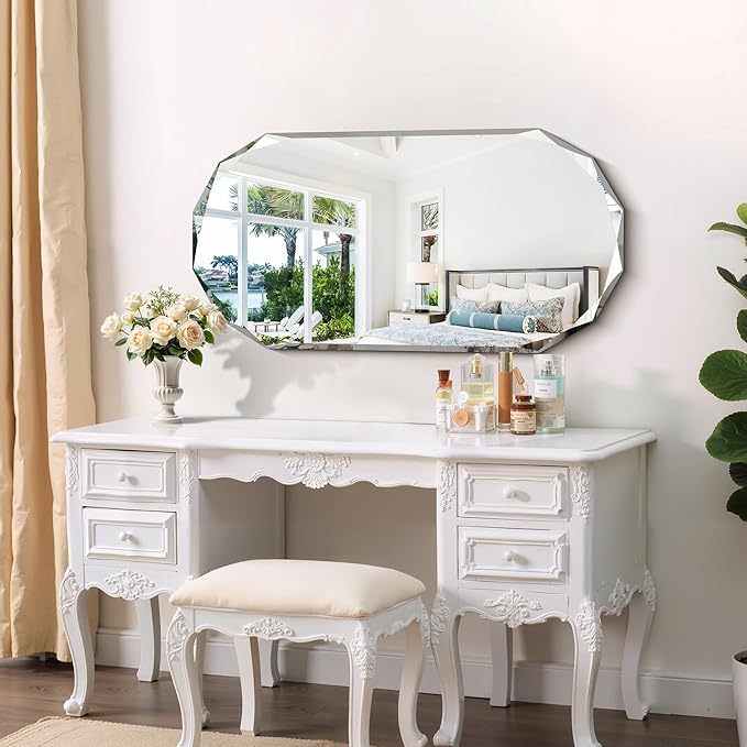 GLASHOM Beveled Edge Frameless Bathroom Mirror, Oval Wall Mirror for Over Sink, 20" x 40" Modern Decorative Vanity Mirror for Bedroom, Living Room,Entryway, Hanging Mirror Horizontal or Vertical