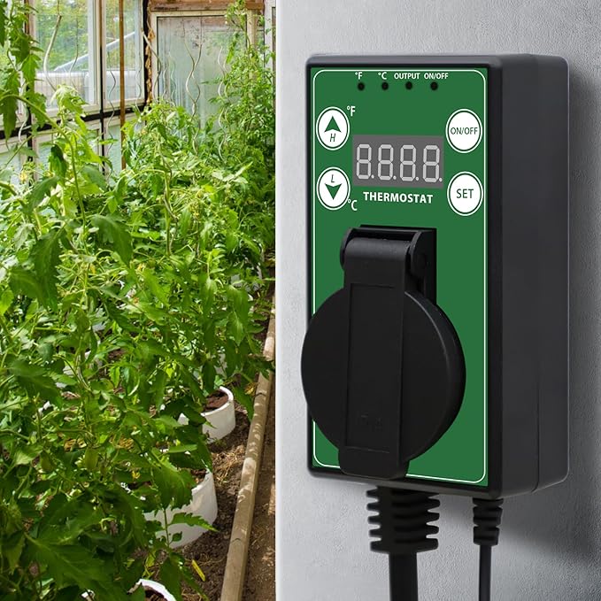 COOS BAY Digital Thermostat Controller -4 to 108°F, Temperature Control for Greenhouse Heater, Heat Mat, Grow Tent, Garage, Reptile Enclosure, Homebrew, Seedling, 15A/1500W, Green, 1 Pack