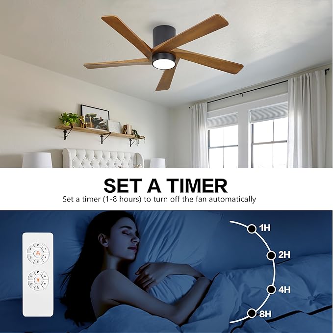 WINGBO 48 Inch Flush Mount DC Ceiling Fan with Lights and Remote, 5 Reversible Carved Wood Blades, 6-Speed Noiseless DC Motor, Hugger Ceiling Fan in Matte Black Finish with Walnut Blades, ETL Listed