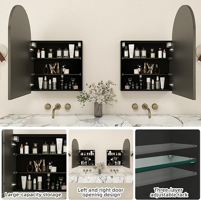 Bathroom Mirror with Storage,Arched Medicine Cabinet with Mirror,Medicine Cabinet Wall Mount,Black Bathroom Vanity Mirror with Storage,Adjustable Shelves,20x30 Inch