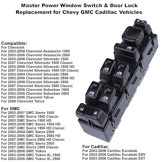 Driver Side Master Power Window Switch For Chevy Avalanche Silverado Suburban Tahoe GMC Sierra Yukon XL 1500 2500 3500 HD Classic Cadillac Escalade ESV EXT 2003 2004 2005 2006 2007 OE DWS-220 15883323