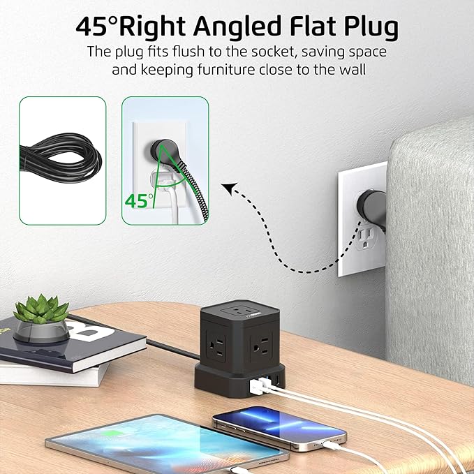 Cube Power Strips with Surge Protection, 10ft Extension Cord with Multiple Outlets, 5 AC Plugs, 3 USB, 1 Usbc Fast Charging Power Strip with USB Ports, Mountable On/Off Switch Charging Station