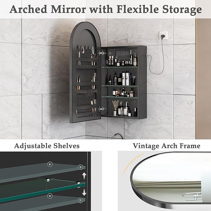 Arched Medicine Cabinet with Mirror,Bathroom Medicine Cabinet Wall Mounted,Bathroom Vanity Mirror with Storage 2 Power Outlets,Mirrored Cabinet with Adjustable Shelf, 20X34 Inch Black